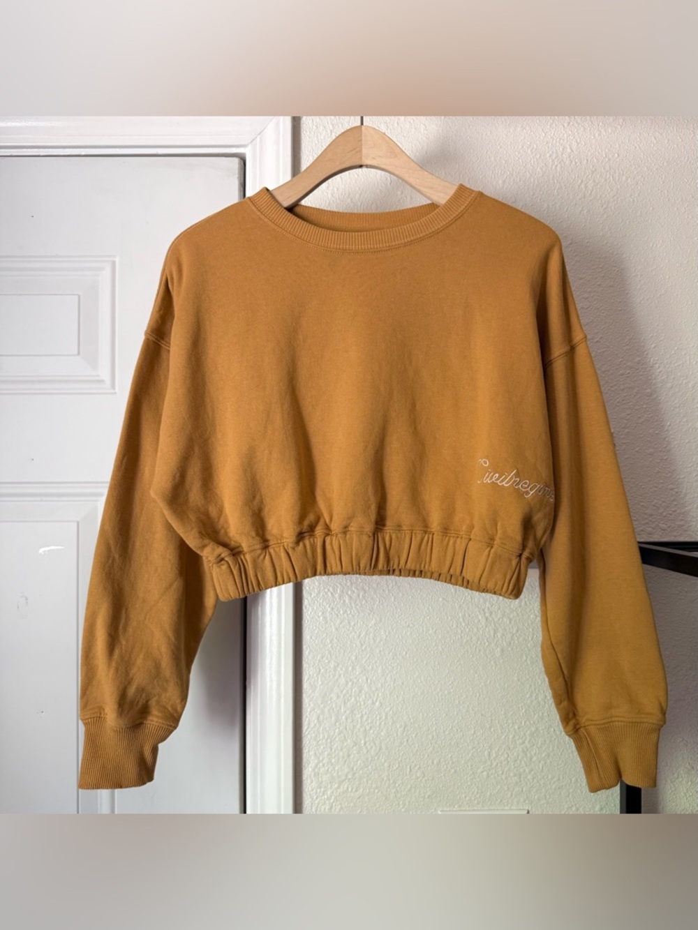 CIVIL REGIME mustard‎ logo boxy cropped crew neck cotton fleece pullover sweater